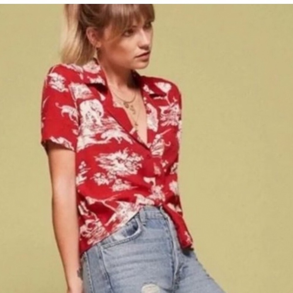 Reformation Md Red Safari Toile Animal Print Short Sleeve Button Down Blouse Top